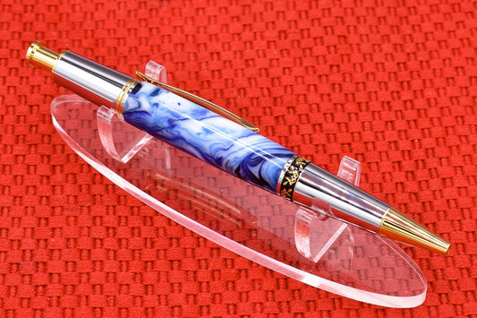 Handmade Compact click pen. Blue, white, black resin.