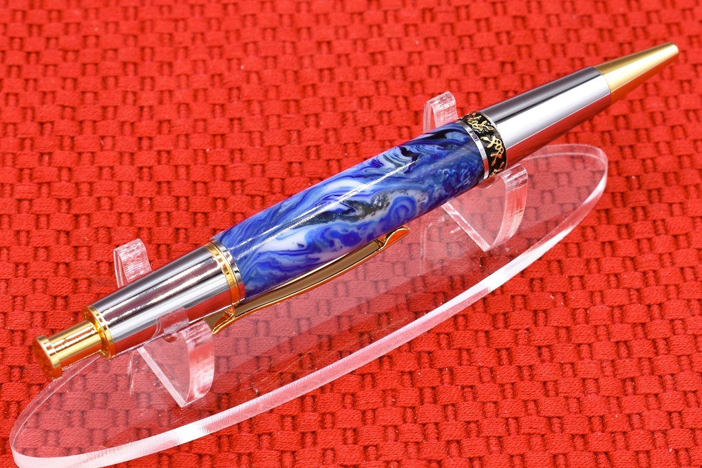 Handmade Compact click pen. Blue, white, black resin.