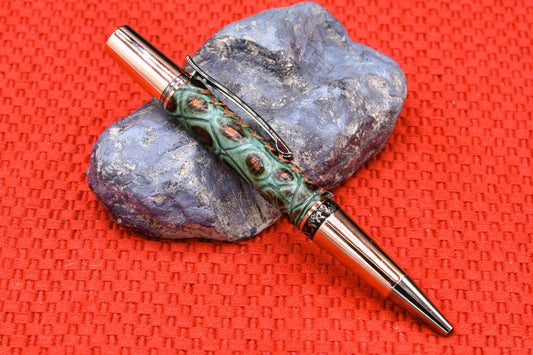 Handmade Compact twist pen. Wrapped in gator embossed turquoise & copper leather 2