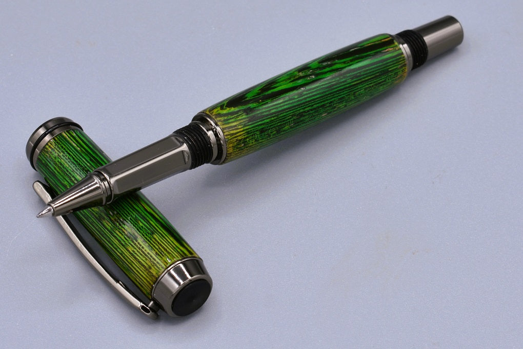 Handmade Thick capped rollerball pen. Green dyed Wenge wood.