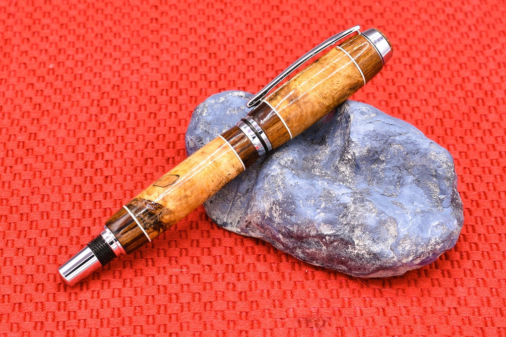 Handmade Thick Fountain pen in Oak Burl and Sonora Desert Ironwood.
