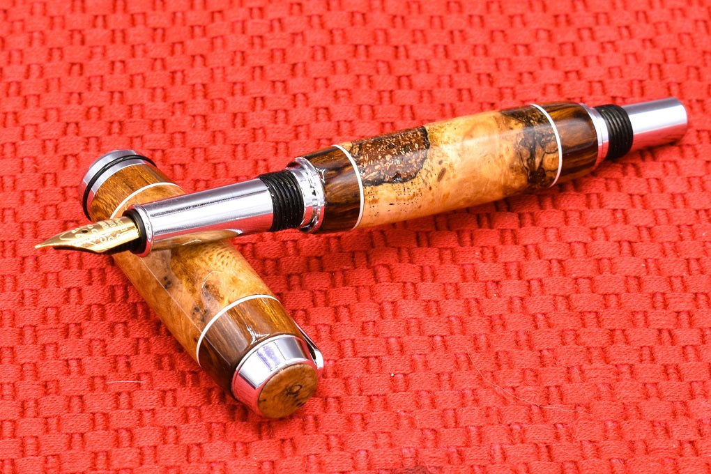 Handmade Thick Fountain pen in Oak Burl and Sonora Desert Ironwood.