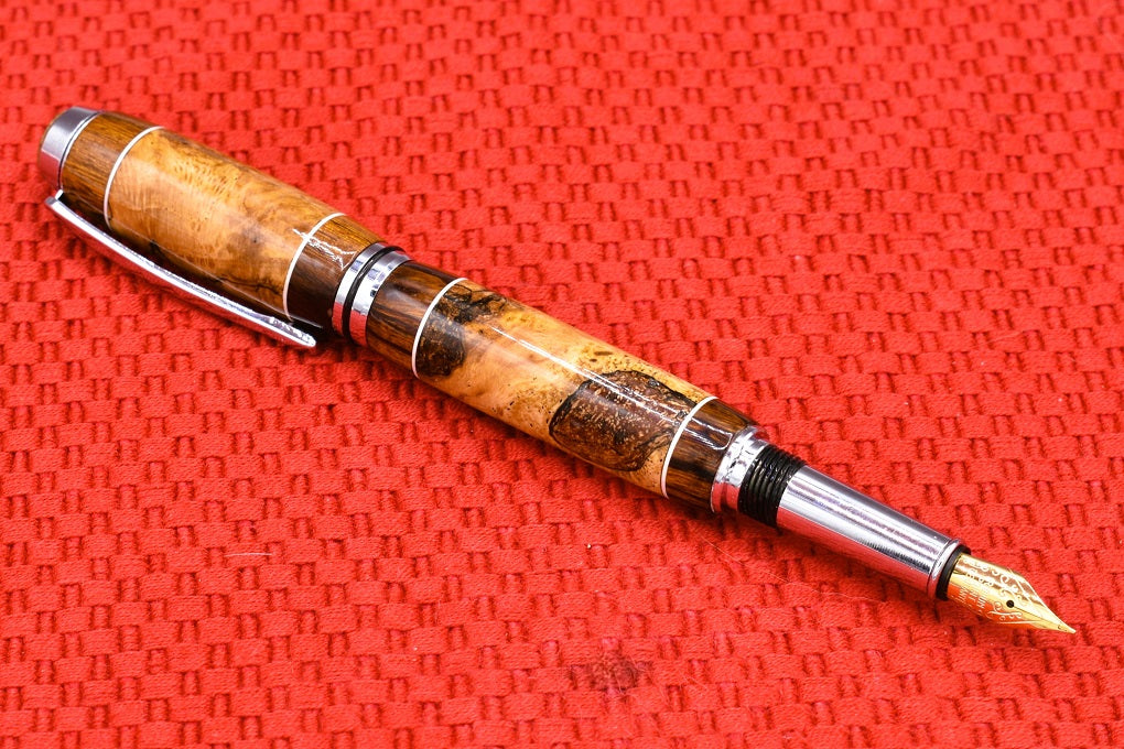 Handmade Thick Fountain pen in Oak Burl and Sonora Desert Ironwood.