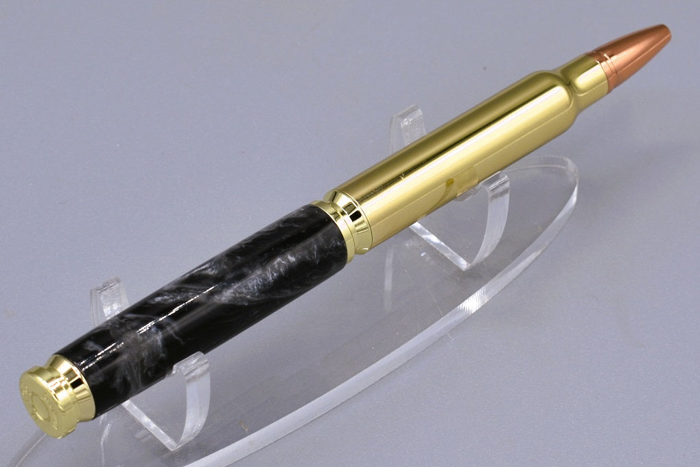 Handmade Bullet Twist Pen. Black, white, silver resin.