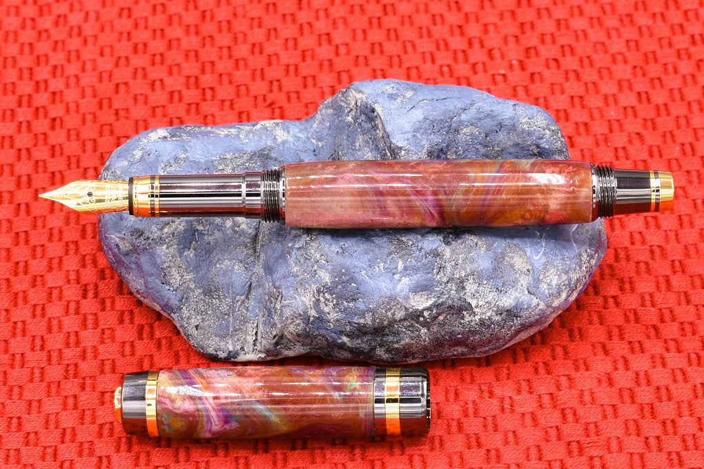 Handmade Classic fountain pen. Red, orange, purple, teal & white resin.