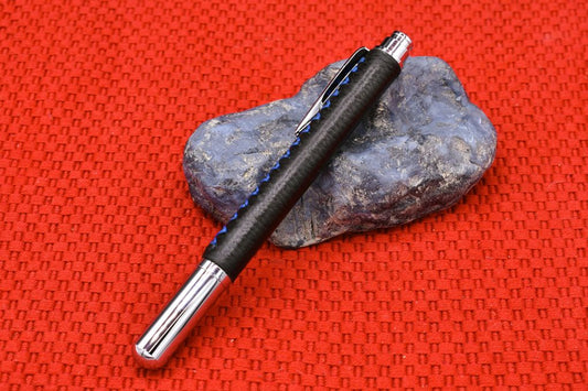 Handmade Chrome capped rollerball pen. Black Deer skin leather.