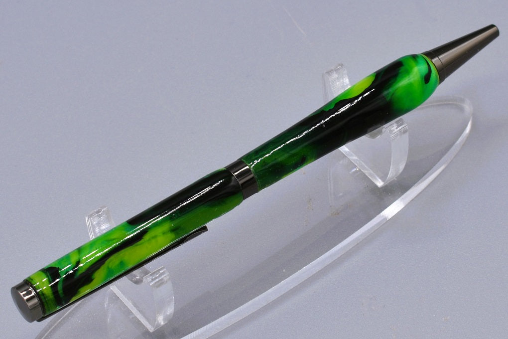 Handmade Slim twist pen. Black, green resin.