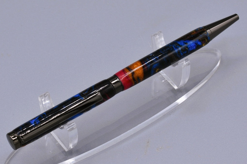 Handmade Slim twist pen. Magenta, gold, blue resin.