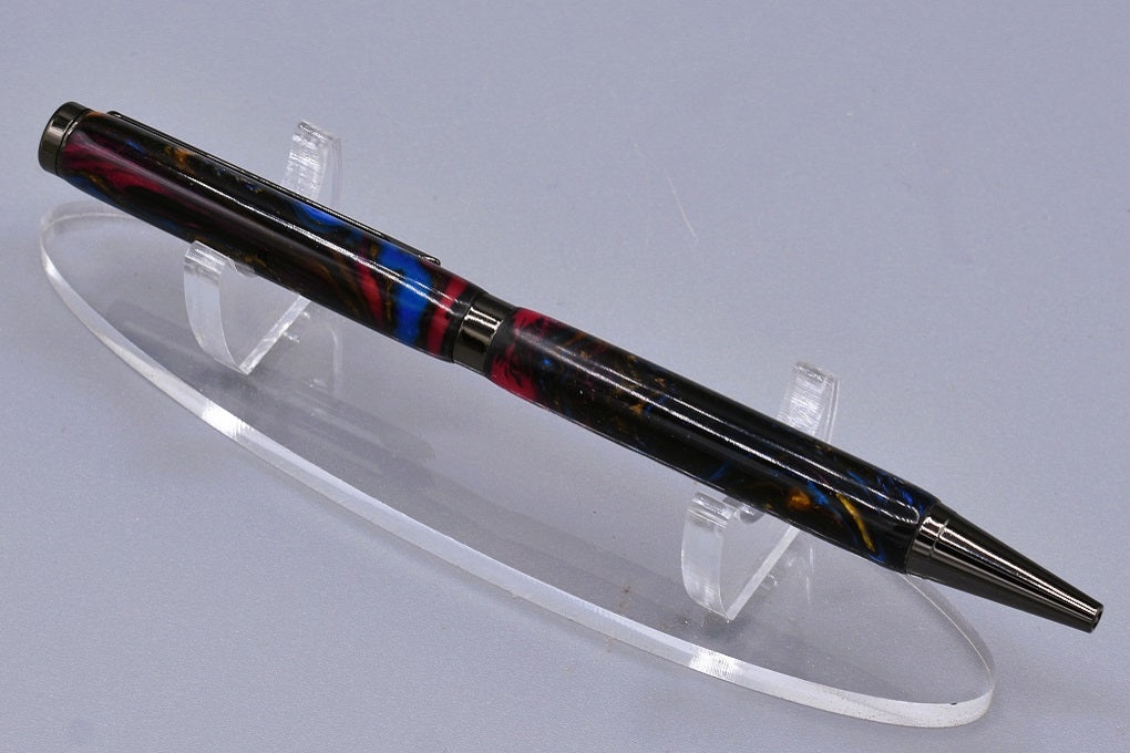 Handmade Slim twist pen. Magenta, gold, blue resin.