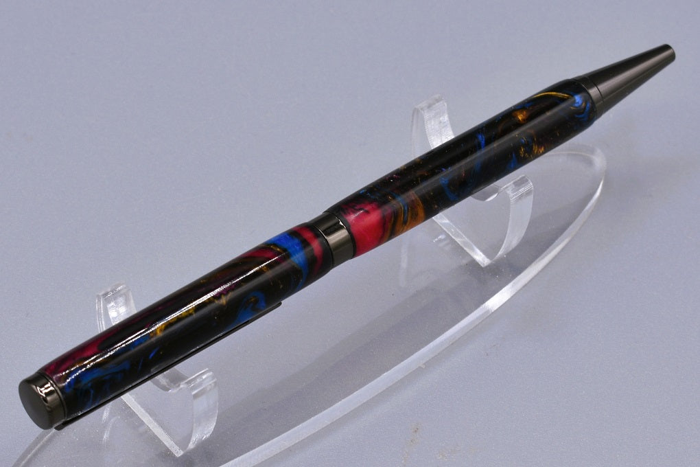 Handmade Slim twist pen. Magenta, gold, blue resin.