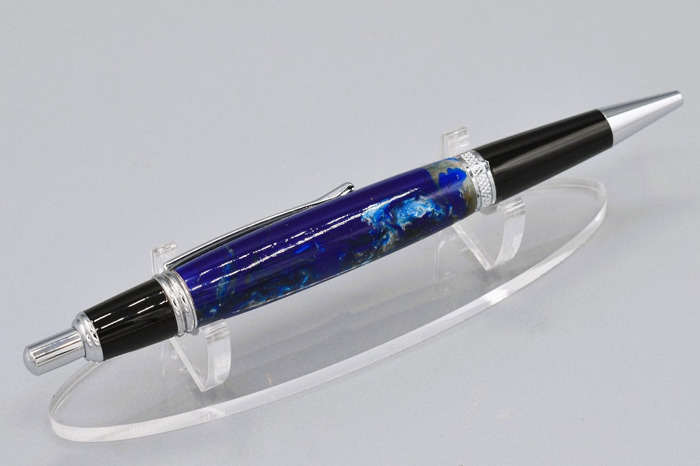 Handmade Large click pen. Blue, white & silver resin.