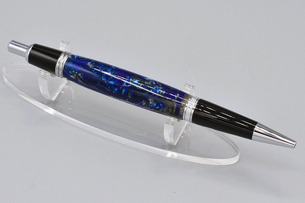 Handmade Large click pen. Blue, white & silver resin.