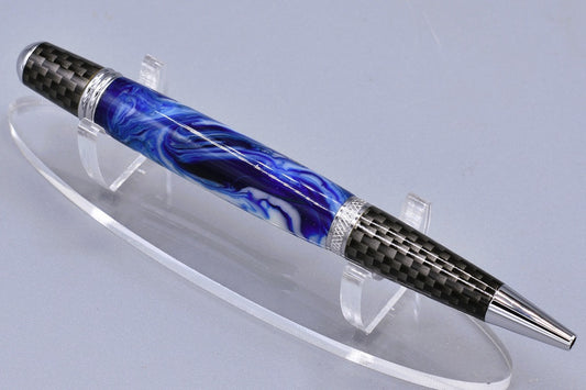Handmade Large Carbon Fiber twist pen. Blue, white resin.