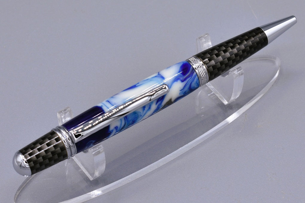 Handmade Chrome topped click pen. Black, white silver resin.