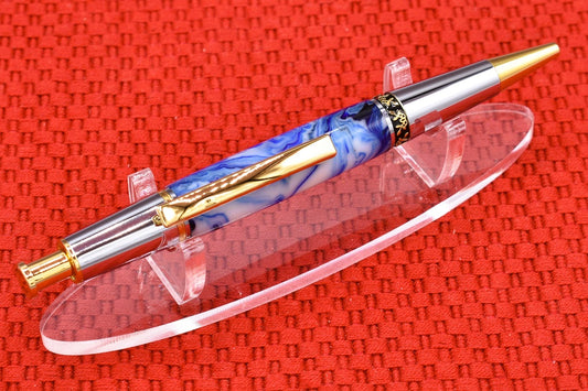 Handmade Compact click pen. Blue, white, black resin.