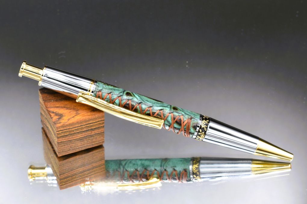 Handmade Compact click pen. Turquoise & copper Gator embossed leather.