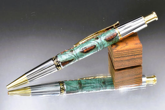 Handmade Compact click pen. Turquoise & copper Gator embossed leather.