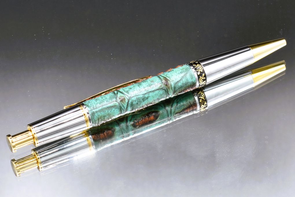 Handmade Compact click pen. Turquoise & copper Gator embossed leather.