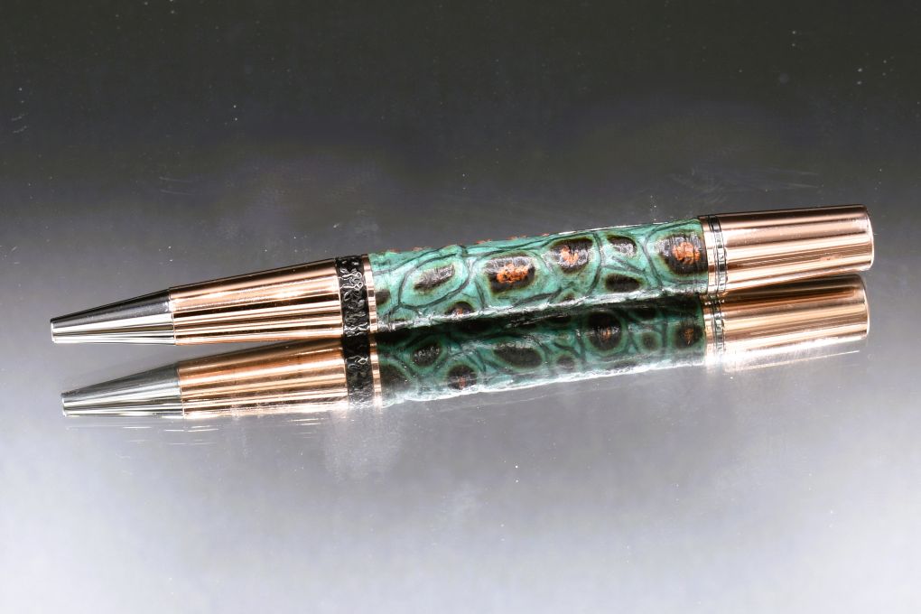 Handmade Compact twist pen. Wrapped in gator embossed turquoise & copper leather.