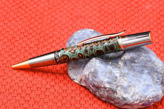 Handmade Compact twist pen. Gator embossed turquoise & copper leather.