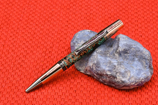 Handmade Compact twist pen. Wrapped in gator embossed turquoise & copper leather 2