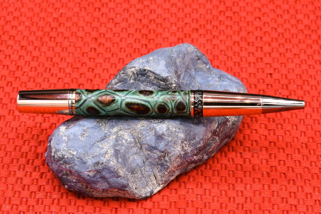 Handmade Compact twist pen. Wrapped in gator embossed turquoise & copper leather 2