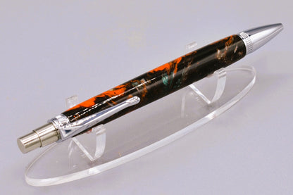 Handmade Thick click pen. Black, orange, silver & teal resin. 