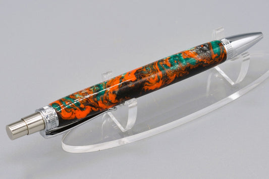 Handmade Thick click pen. Black, orange, silver & teal resin.