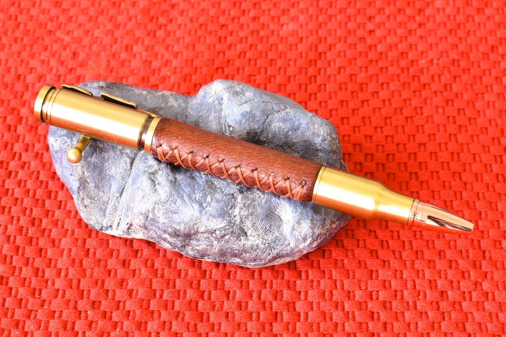 Handmade 30 Cal. Bolt Action pen. Tobacco brown Deer Skin Leather.