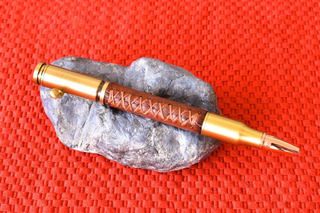 Handmade 30 Cal. Bolt Action pen. Tobacco brown Deer Skin Leather.