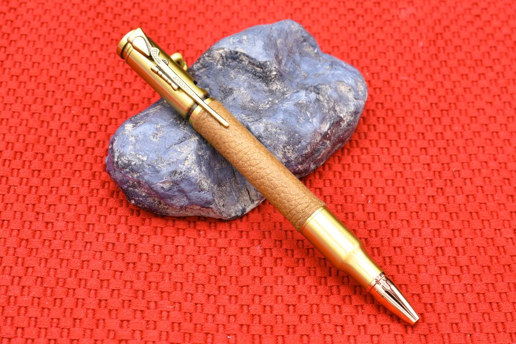 Handmade 30 Cal. Bolt Action pen. Saddle brown Deer Skin Leather.