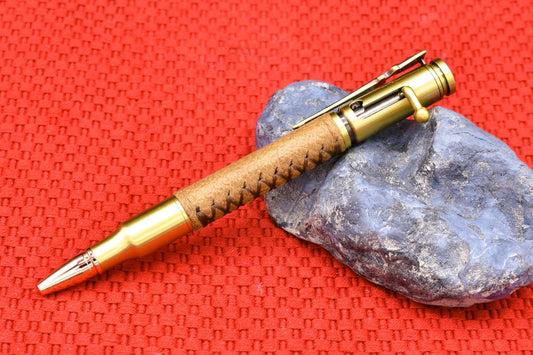 Handmade 30 Cal. Bolt Action pen. Saddle brown Deer Skin Leather.