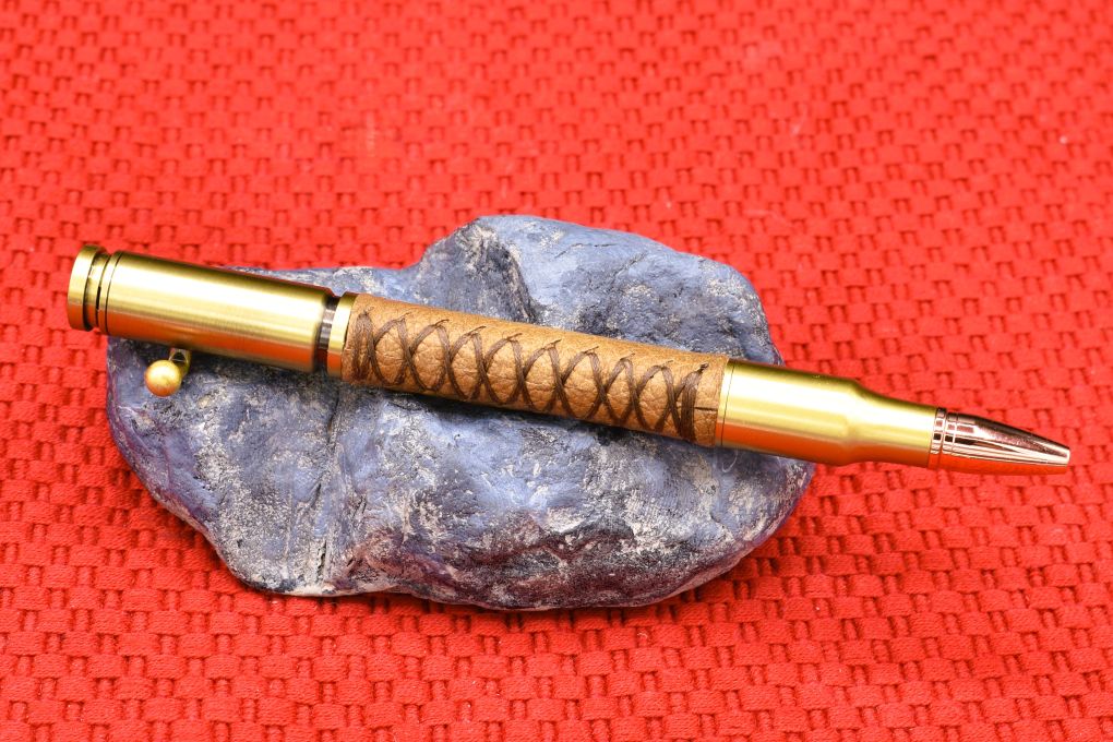 Handmade 30 Cal. Bolt Action pen. Saddle brown Deer Skin Leather.
