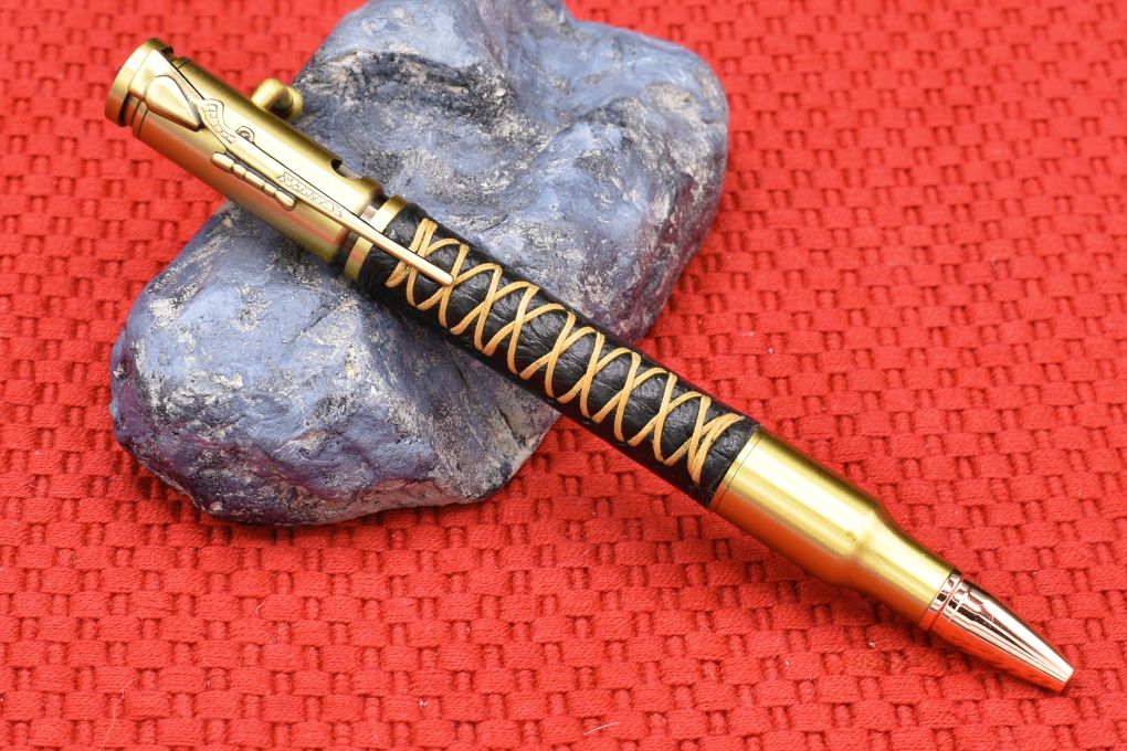 Handmade 30 Cal. Bolt Action pen. Black Deer Skin Leather.