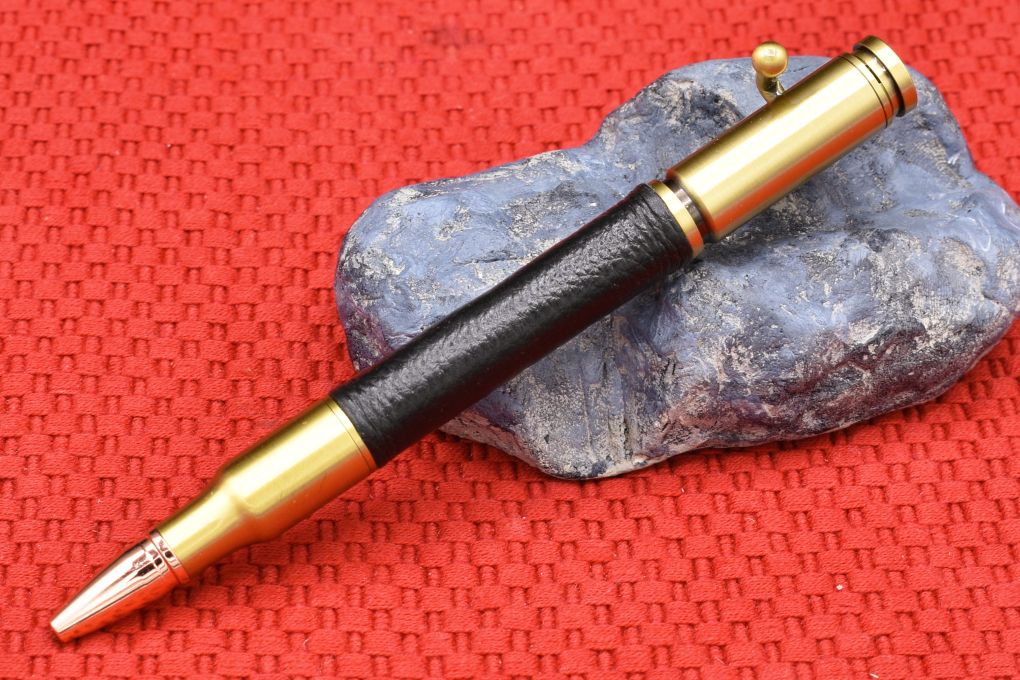 Handmade 30 Cal. Bolt Action pen. Black Deer Skin Leather.