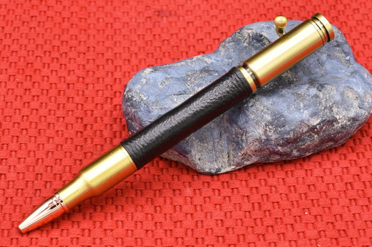 Handmade 30 Cal. Bolt Action pen. Black Deer Skin Leather.