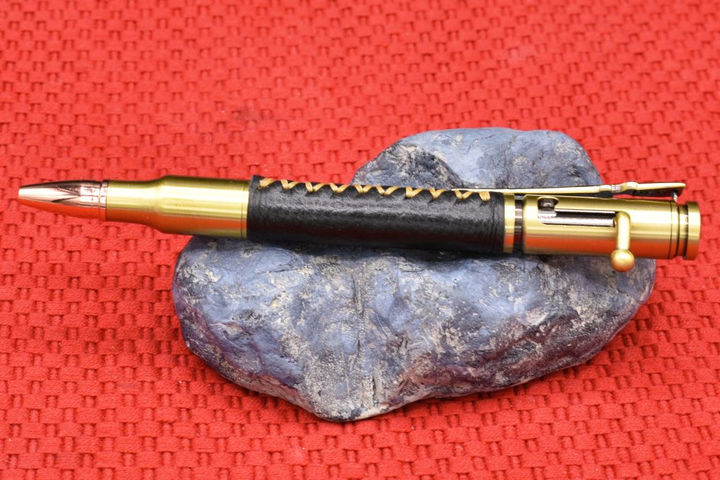 Handmade 30 Cal. Bolt Action pen. Black Deer Skin Leather.