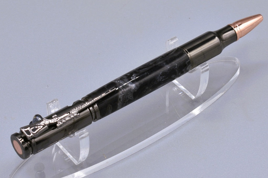 Handmade 30 Cal. Bolt action pen. Black, white, silver resin.