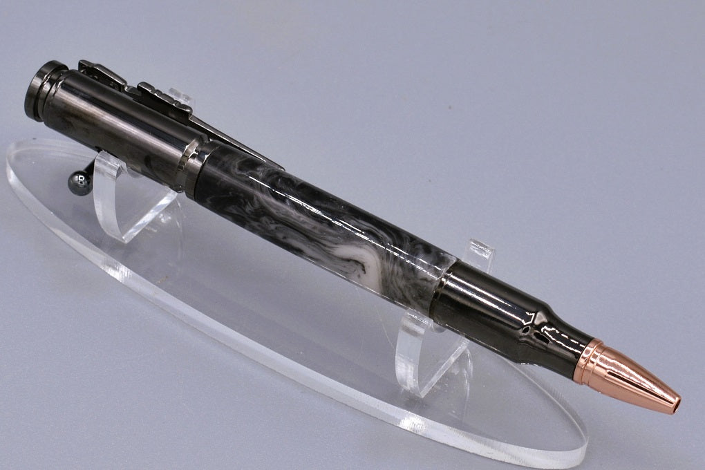 Handmade 30 Cal. Bolt action pen. Black, white, silver resin.