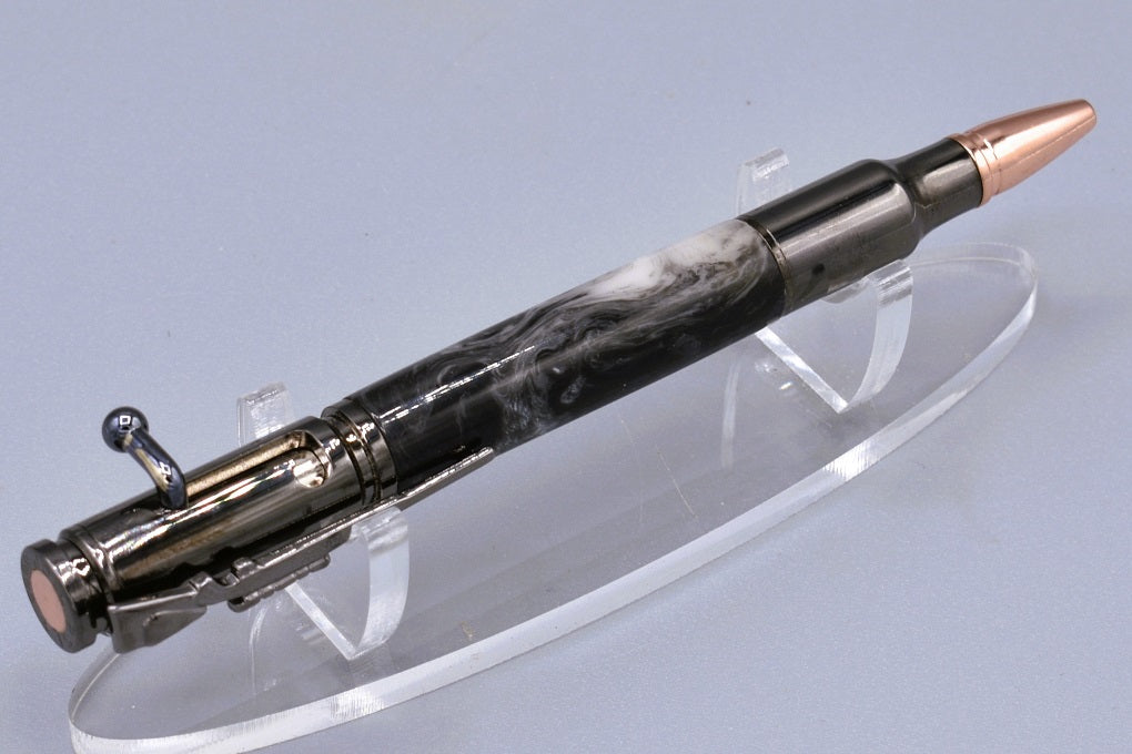 Handmade 30 Cal. Bolt action pen. Black, white, silver resin.