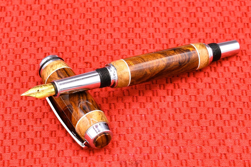 Handmade Californian curly redwood omega fountain wooden pen with chrome top fittings - very rare wood