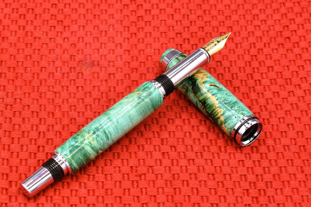 Handmade Thick fountain pen. Dyed Box Elder Burl.