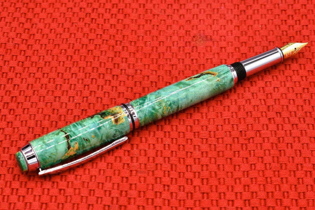 Handmade Thick fountain pen. Dyed Box Elder Burl.