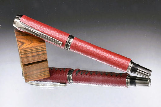 Handmade Thick fountain pen. Cranberry red leather.