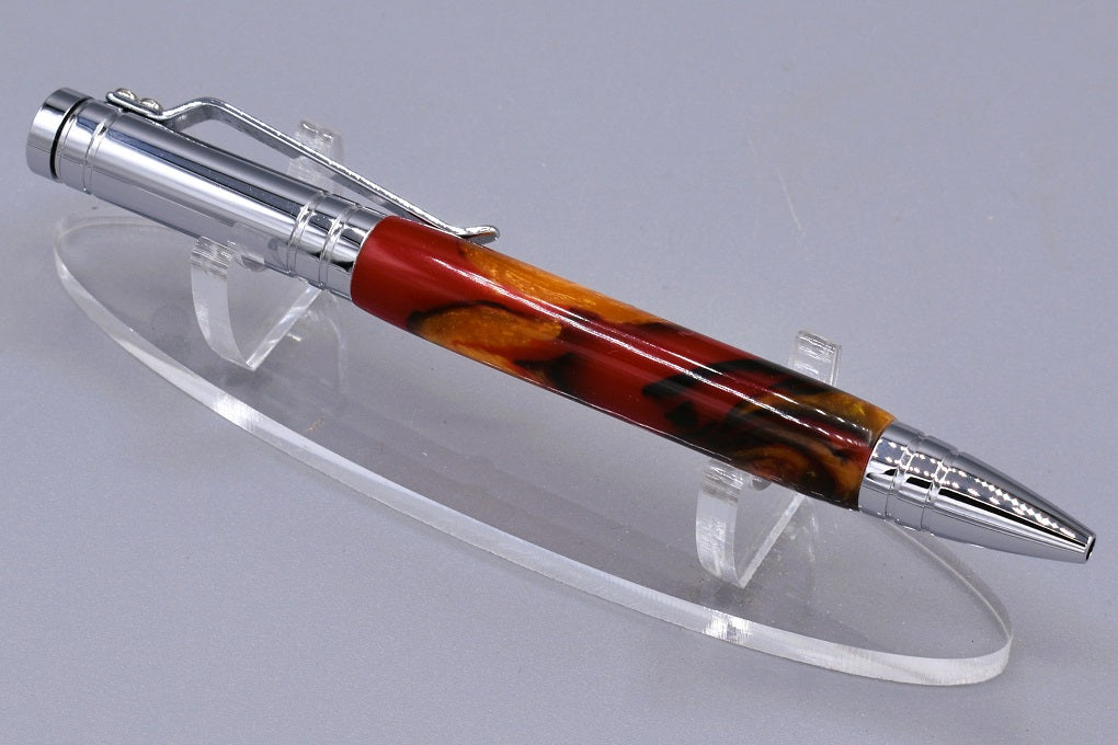 Handmade Bolt Action click pen. Black, red, gold resin.