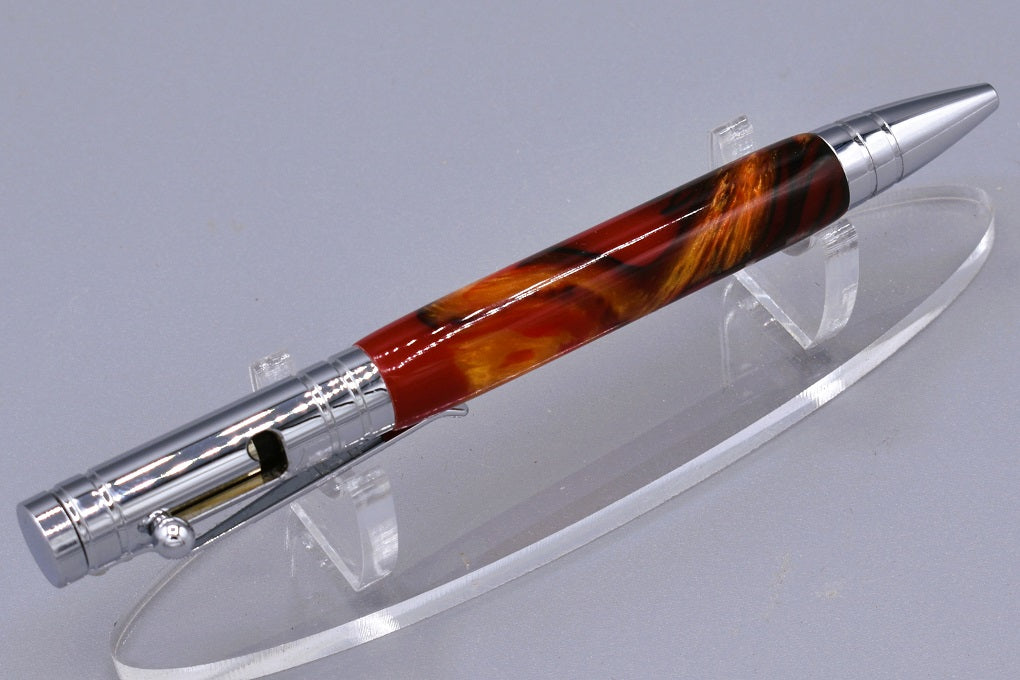 Handmade Bolt Action click pen. Black, red, gold resin.