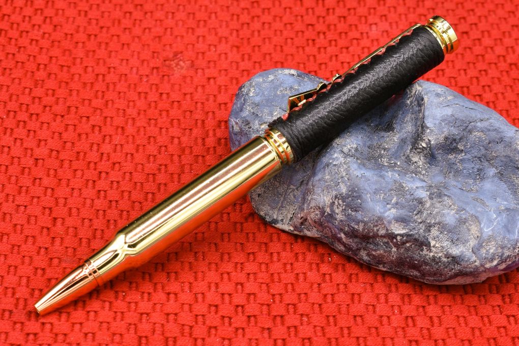 Handmade Bullet Twist Pen. Black Deer Skin Leather.
