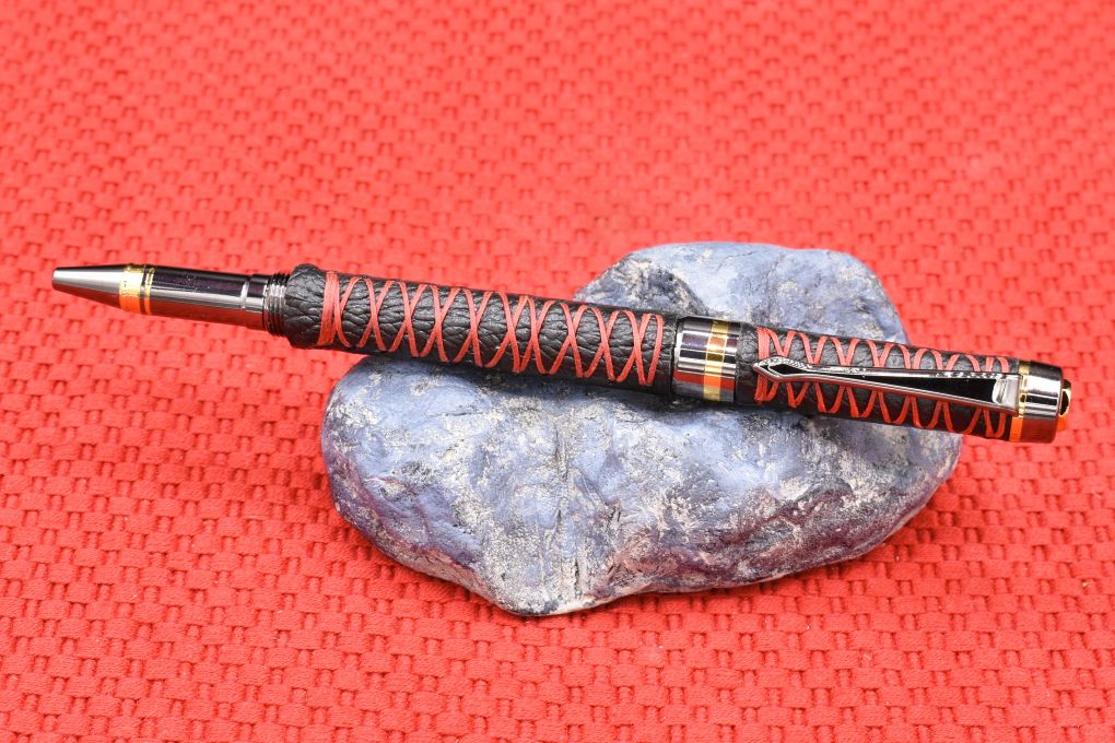 Handmade Classic Rollerball pen. Black Deer skin Leather.