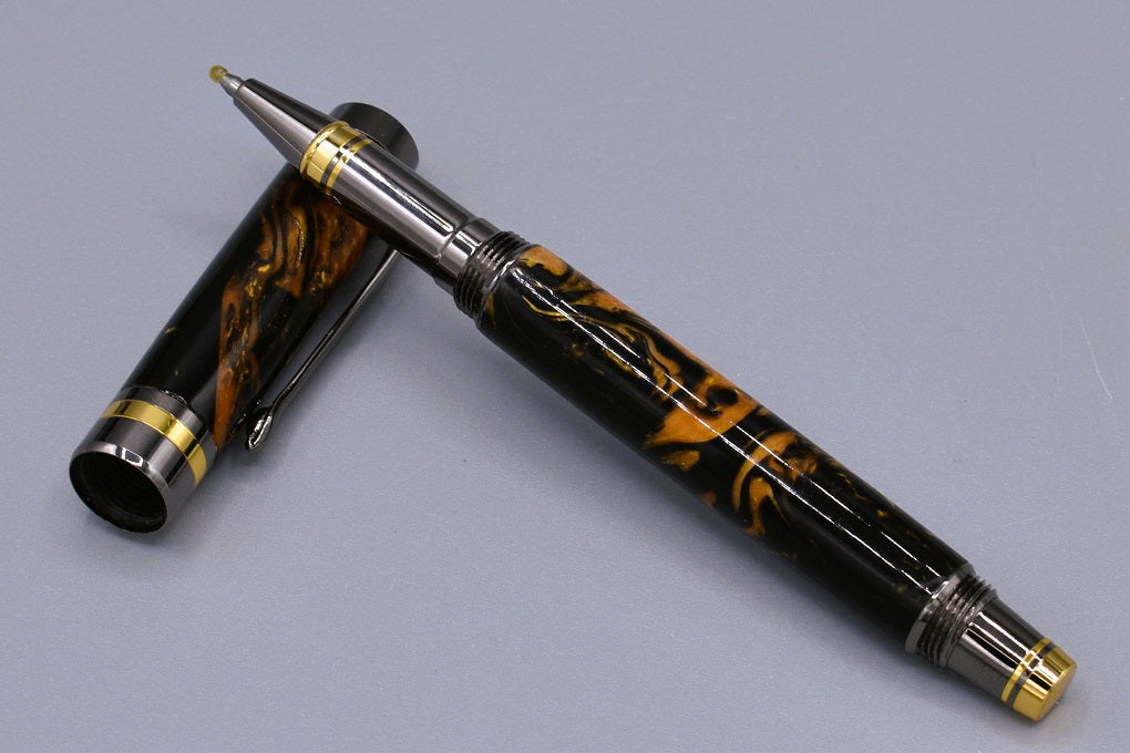 Handmade Classic rollerball pen. Black & gold resin.