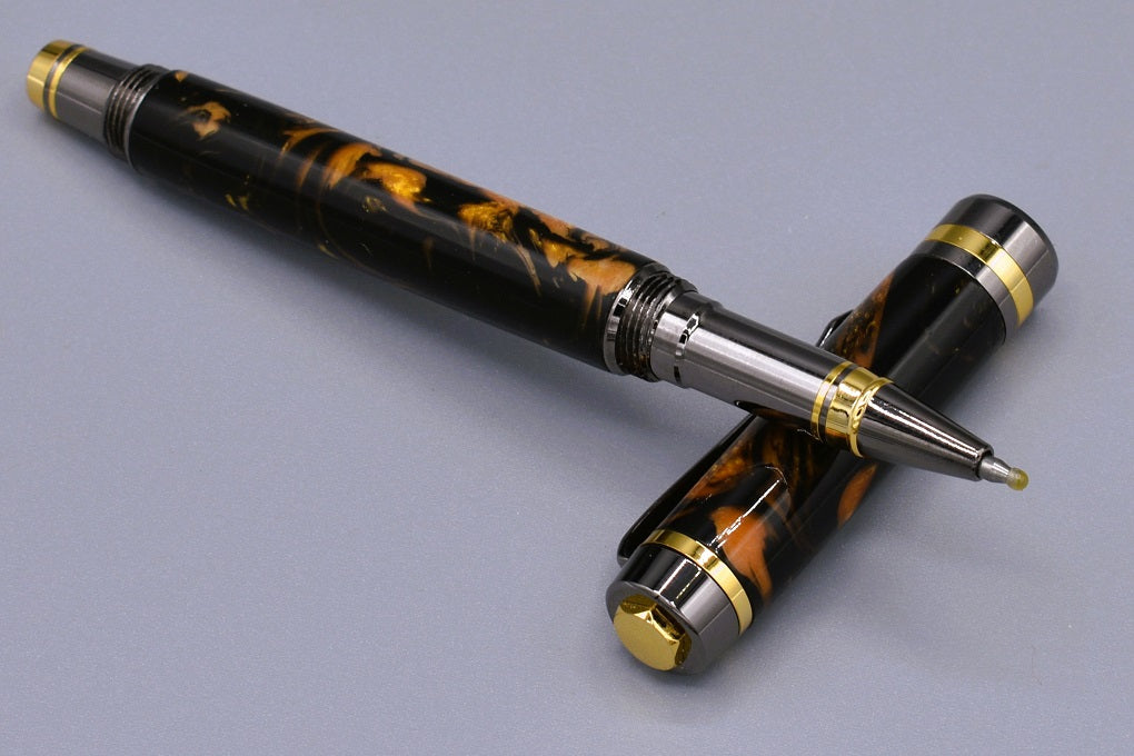 Handmade Classic rollerball pen. Black & gold resin.